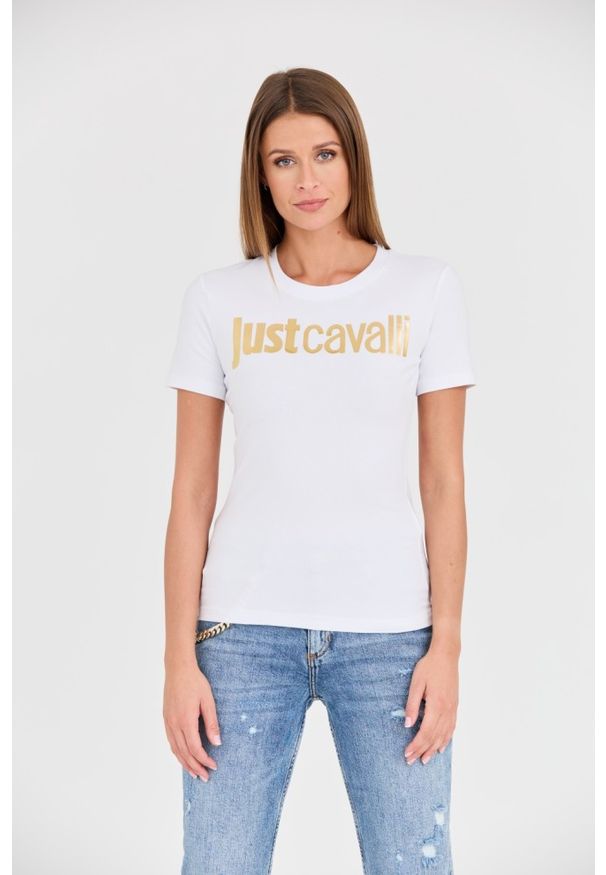 Just Cavalli - JUST CAVALLI Biały t-shirt Logo Gold. Kolor: biały