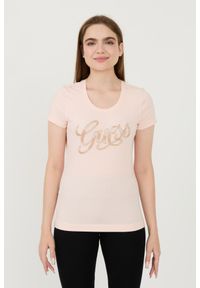 Guess - GUESS Różowy damski t-shirt Script, Rozmiar M. Kolor: różowy #1