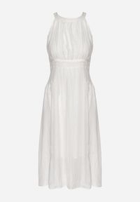 Born2be - Biała Rozkloszowana Sukienka z Tłoczonej Tkaniny z Wiązaniem z Tyłu Nimioretta. Okazja: na ślub cywilny, na imprezę, na wesele. Kolor: biały. Materiał: tkanina. Wzór: aplikacja. Typ sukienki: rozkloszowane. Styl: elegancki #4