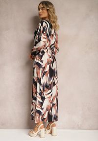 Renee - Brązowo-Zielona Rozkloszowana Sukienka Maxi z Gumką w Pasie Montaga. Typ kołnierza: dekolt kopertowy. Kolor: brązowy. Materiał: materiał, tkanina. Wzór: aplikacja, nadruk. Typ sukienki: kopertowe. Długość: maxi #3