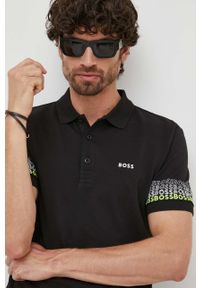 Boss Green - BOSS polo bawełniane BOSS GREEN kolor czarny z nadrukiem. Typ kołnierza: polo. Kolor: czarny. Materiał: bawełna. Wzór: nadruk #2
