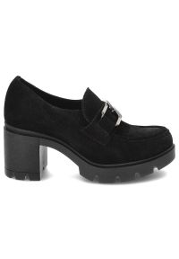 Czarne Półbuty Lemar Damskie Eleganckie Buty. Zapięcie: klamry. Kolor: czarny. Materiał: zamsz. Obcas: na obcasie. Styl: elegancki. Wysokość obcasa: średni #5