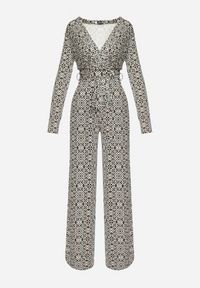 Born2be - Biało-Czarny Wzorzysty Kombinezon z Długim Rękawem i Szerokimi Spodniami z Wiązaniem w Pasie Vilati. Kolor: czarny. Długość rękawa: długi rękaw. Długość: długie. Wzór: geometria. Styl: elegancki #7