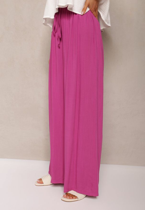 Renee - Fuksjowe Szerokie Spodnie High Waist z Gumką w Talii Ilnena. Okazja: na co dzień. Stan: podwyższony. Kolor: różowy. Styl: klasyczny, elegancki, casual