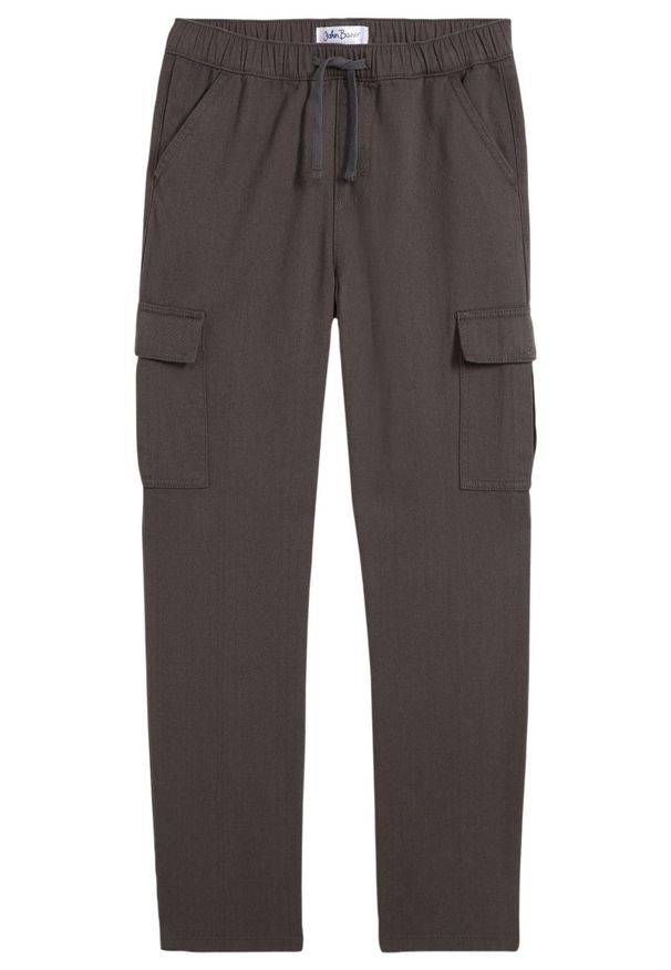 bonprix - Spodnie cargo o kroju loose fit, z gumką w pasie i prostymi nogawkami, uszyte z czystej bawełny. Kolor: szary. Materiał: bawełna