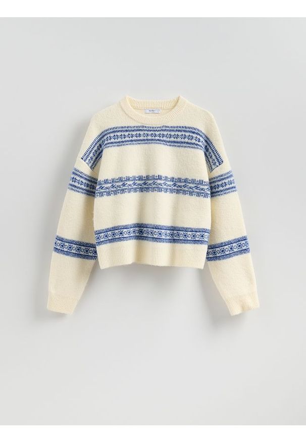 Reserved - Sweter we wzory - niebieski. Kolor: niebieski. Materiał: dzianina, wełna