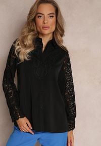 Renee - Czarna Koszula z Wstawkami z Koronki Hisall. Kolor: czarny. Materiał: koronka. Wzór: koronka #2