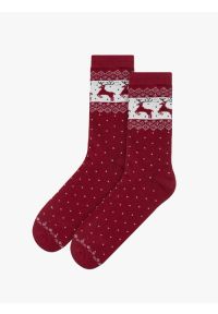 Ryłko - Bordowe skarpetki świąteczne unisex z reniferami. Kolor: czerwony. Materiał: tkanina. Wzór: geometria, kropki #1