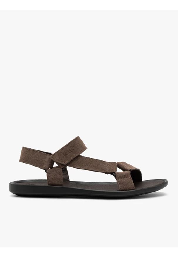 Ryłko - Szarobrązowe sandały męskie na rzep. Okazja: na co dzień. Zapięcie: rzepy. Kolor: szary. Materiał: skóra, welur. Sezon: lato. Styl: casual, street, klasyczny