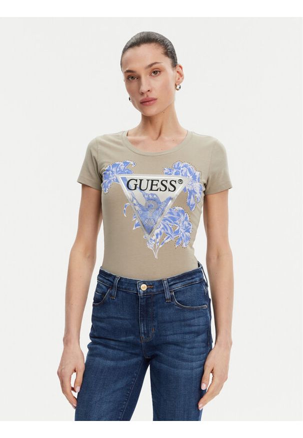 Guess T-Shirt W5GI08 J1314 Khaki Slim Fit. Kolor: brązowy. Materiał: bawełna