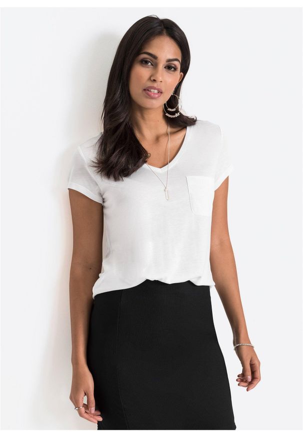 bonprix - T-shirt z miękkiej wiskozy. Typ kołnierza: dekolt w serek. Kolor: biały. Materiał: wiskoza