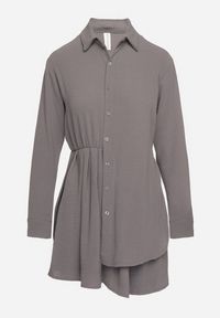 Born2be - Szara Asymetryczna Sukienka o Koszulowym Kroju z Gumką w Talii Elodina. Kolor: szary. Długość rękawa: długi rękaw. Typ sukienki: asymetryczne, koszulowe. Styl: sportowy, elegancki #5