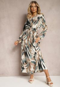 Renee - Beżowo-Zielona Rozkloszowana Sukienka Maxi z Gumką w Pasie Montaga. Typ kołnierza: dekolt kopertowy. Kolor: beżowy. Materiał: materiał, tkanina. Wzór: aplikacja, nadruk. Typ sukienki: kopertowe. Długość: maxi #5