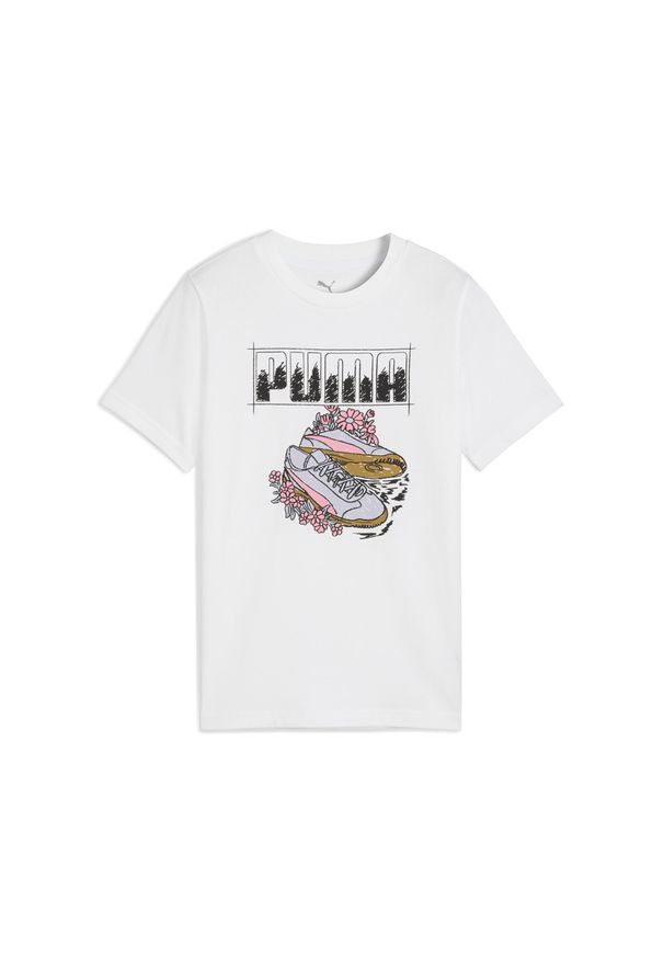Puma - Młodzieżowa koszulka z grafiką sneakersów PUMA White. Kolor: biały. Sport: joga i pilates