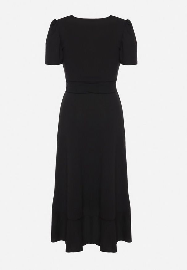 Born2be - Czarna Sukienka Taliowana z Kopertowym Dekoltem i Falbanką Tatania. Okazja: na co dzień. Kolor: czarny. Długość rękawa: krótki rękaw. Typ sukienki: kopertowe. Styl: elegancki, casual, klasyczny