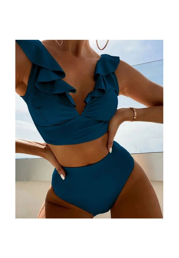 Intica - Dwuczęściowy strój kąpielowy z falbankami i wysoką talią Iolanthe. Kolor: niebieski. Materiał: materiał