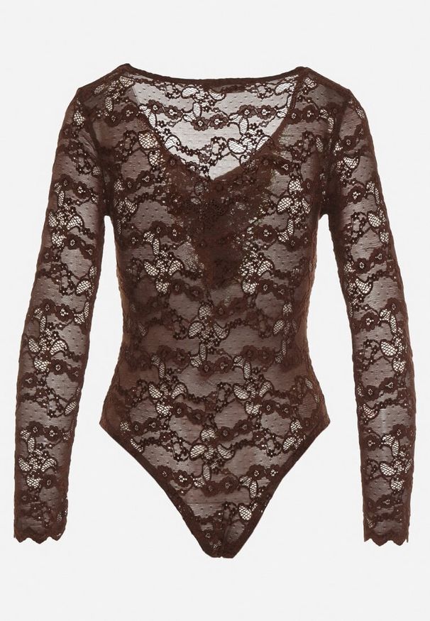 Born2be - Brązowe Koronkowe Body z Falbanką Vidane. Okazja: na co dzień. Kolor: brązowy. Materiał: koronka. Wzór: aplikacja. Styl: klasyczny, casual, elegancki