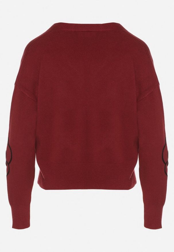 Born2be - Bordowy Kardigan na Guziki w Haftowane Kwiaty Tustara. Okazja: na co dzień. Kolor: czerwony. Materiał: jeans. Wzór: haft, kwiaty. Styl: casual