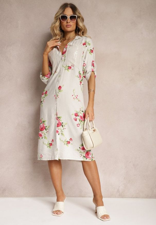 Renee - Jasnoszara Koszulowa Bawełniana Sukienka Zapinana na Guziki Nuramla. Okazja: na co dzień. Kolor: szary. Materiał: bawełna. Wzór: kwiaty. Sezon: wiosna. Typ sukienki: koszulowe. Styl: klasyczny, casual, elegancki