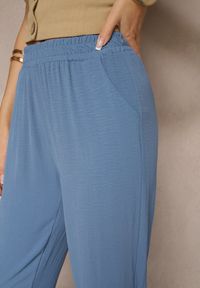 Renee - Niebieskie Spodnie z Bawełną o Szerokim Kroju High Waist Fanelithia. Okazja: na co dzień. Stan: podwyższony. Kolor: niebieski. Materiał: bawełna. Styl: casual #4