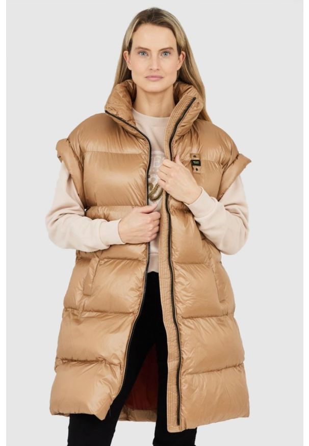 Blauer USA - BLAUER Długi brązowy bezrękawnik damski Daisy, Rozmiar S. Kolor: brązowy. Materiał: poliamid. Długość rękawa: bez rękawów. Długość: długie