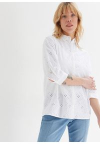bonprix - Bluzka koszulowa w ażurowy haft. Kolor: biały. Wzór: ażurowy, haft