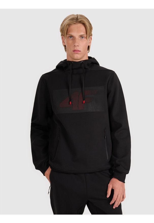 4f - 4F Bluza dresowa nierozpinana z kapturem męska - czarna 3XL. Okazja: na co dzień. Typ kołnierza: kaptur. Kolor: czarny. Materiał: dresówka. Wzór: gładki, ze splotem, nadruk. Styl: klasyczny, casual, sportowy