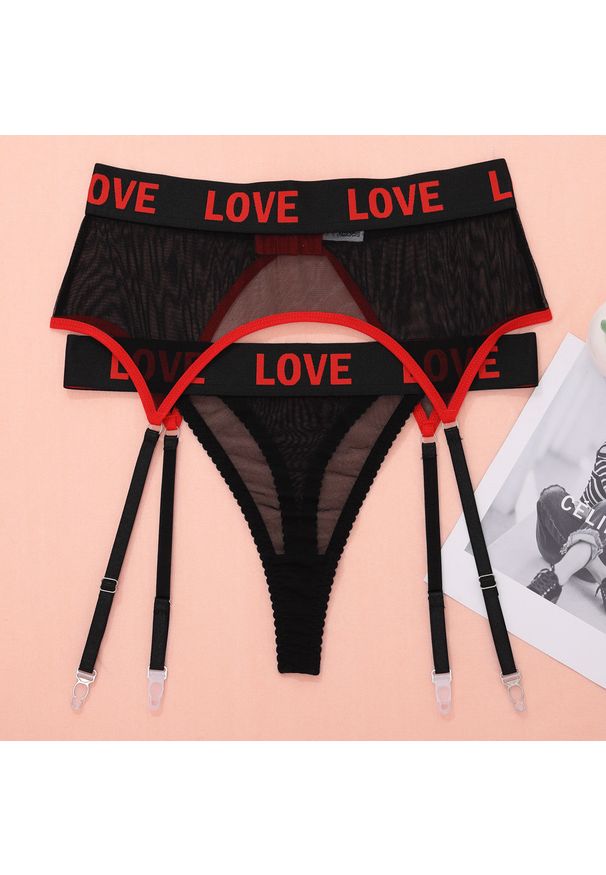Intica - Komplet bielizny z napisem LOVE ultracienki Ingelise. Kolor: czarny. Materiał: skóra, materiał. Długość: krótkie. Wzór: napisy