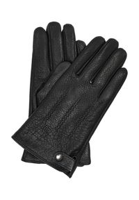 Ochnik - Czarne ocieplane skórzane rękawiczki męskie. Kolor: czarny. Materiał: skóra. Wzór: aplikacja #1