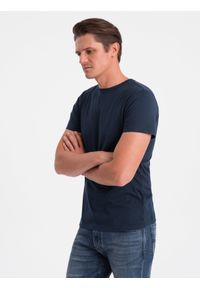 Ombre Clothing - Klasyczny T-shirt męski bawełniany BASIC - granatowy V2 OM-TSBS-0146 - XXL. Kolor: niebieski. Materiał: bawełna. Styl: klasyczny