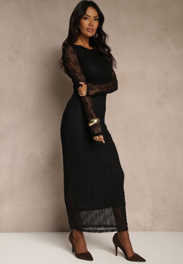 Renee - Czarna Koronkowa Sukienka Typu Longsleeve o Dopasowanym Kroju Zenoresa. Kolor: czarny. Materiał: koronka. Długość rękawa: długi rękaw. Typ sukienki: oversize. Styl: elegancki