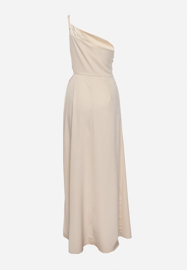 Born2be - Beżowa Satynowa Sukienka Asymetryczna Koktajlowa z Wycięciami w Talii i Drapowaniem Ciafisa. Kolor: beżowy. Materiał: satyna. Typ sukienki: asymetryczne. Styl: wizytowy