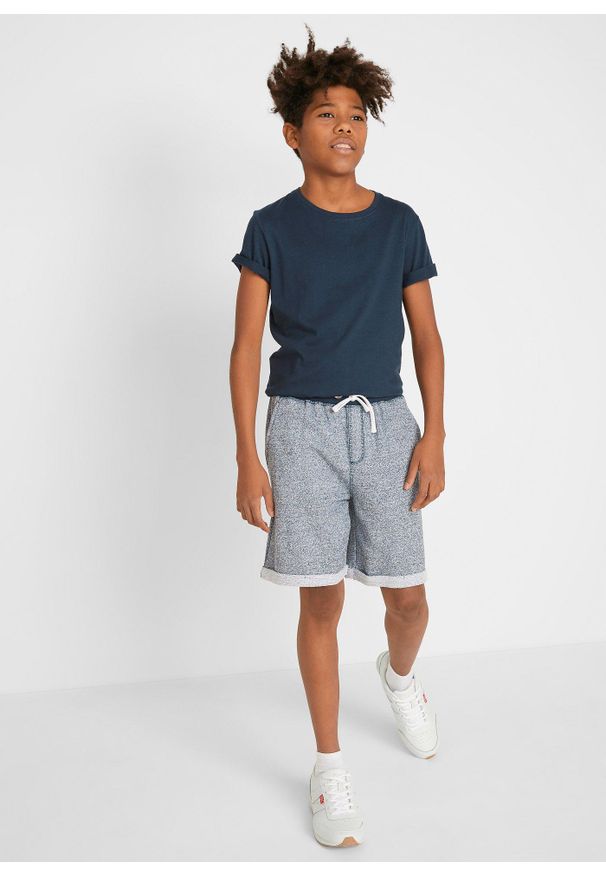 bonprix - Bermudy chłopięce z materiału w optyce denimu. Kolor: niebieski. Materiał: materiał, denim. Długość: krótkie. Styl: elegancki