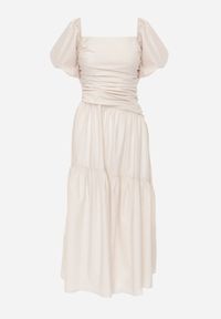 Renee - Beżowa Sukienka z Marszczeniem i Wiskozą Ozdobiona Bufiastymi Rękawami i Falbanką Monvia. Okazja: na co dzień, na imprezę. Kolor: beżowy. Materiał: wiskoza. Wzór: aplikacja. Typ sukienki: proste, dopasowane. Styl: elegancki, casual, wizytowy #8