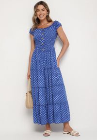 Born2be - Niebieska Sukienka z Wiskozą i Bawełną Ozdobiona Guzikami i Kropkami Lilantea. Okazja: na co dzień. Kolor: niebieski. Materiał: bawełna, wiskoza. Wzór: aplikacja, kropki. Typ sukienki: proste. Styl: klasyczny, casual, elegancki #3