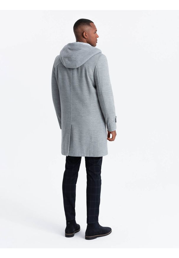 Ombre Clothing - Monochromatyczny długi męski płaszcz z kapturem – szary melanż V1 OM-COWC-22FW-005 - XXL. Okazja: na co dzień. Typ kołnierza: kaptur. Kolor: szary. Materiał: wiskoza, tkanina, poliester, materiał, syntetyk. Długość: długie. Wzór: melanż. Styl: wizytowy, casual, elegancki