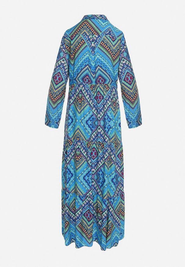 Born2be - Niebieska Bawełniana Sukienka Koszulowa Maxi w Stylu Boho Hlevana. Kolor: niebieski. Materiał: bawełna. Typ sukienki: koszulowe. Styl: boho. Długość: maxi