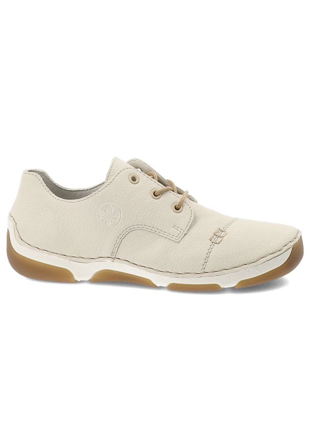 Półbuty damskie Rieker, niska klasyczna forma z wiązaniem elastyczna podeszwa zapewniająca komfort chodzenia, białe, 55920-80. Okazja: na spacer, na co dzień. Zapięcie: sznurówki. Kolor: biały. Materiał: skóra ekologiczna. Styl: klasyczny