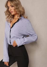 Renee - Granatowa Koszula z Długim Rękawem na Guziki w Drobny Print Naloria. Kolor: niebieski. Materiał: bawełna. Długość rękawa: długi rękaw. Długość: długie. Wzór: nadruk