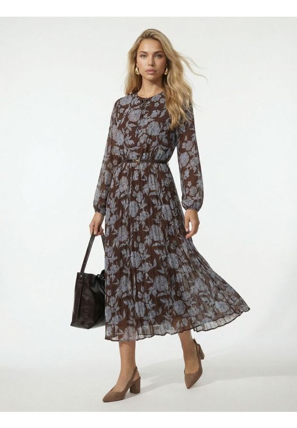 Sinsay - Sukienka midi z plisowanym dołem i paskiem - wielobarwny. Długość: midi