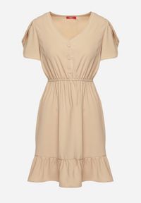Born2be - Beżowa Rozkloszowana Sukienka z Gumką w Talii i Falbanką Welimia. Kolor: beżowy #5