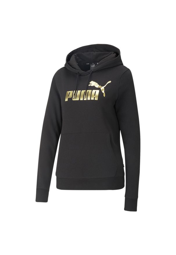 Puma - Damska bluza z kapturem z metalicznym logo Essentials+ PUMA Black Gold. Typ kołnierza: kaptur. Kolor: czarny, żółty, wielokolorowy