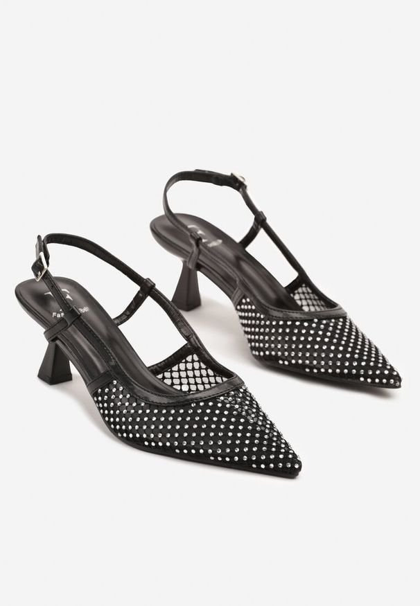 Renee - Czarne Sandały na Kaczuszce Slingback z Siateczkową Cholewką i Cyrkoniami Velionna. Zapięcie: sprzączka. Kolor: czarny. Obcas: na szpilce. Wysokość obcasa: średni