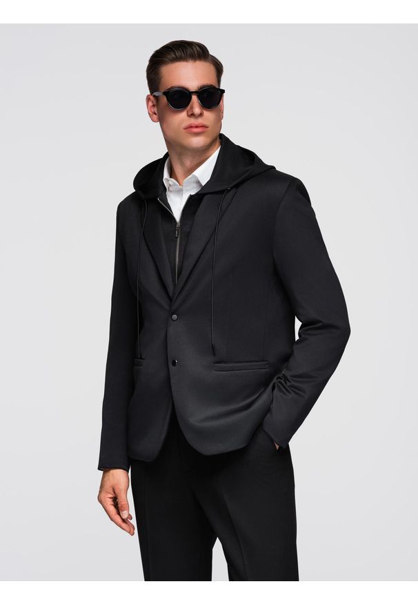 Ombre Clothing - Męska marynarka z odpinaną podpinką i kapturem – czarna V1 - Rozmiar: L. Okazja: na co dzień, do pracy. Typ kołnierza: kaptur. Kolor: szary. Materiał: poliester. Styl: casual, elegancki, wizytowy
