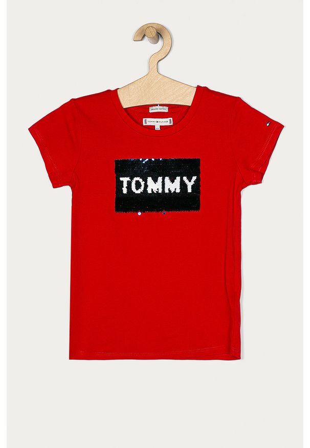 TOMMY HILFIGER - Tommy Hilfiger - T-shirt dziecięcy 110-176 cm. Okazja: na co dzień. Kolor: czerwony. Materiał: bawełna, materiał, dzianina. Wzór: aplikacja. Styl: casual