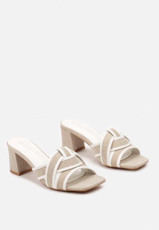 Born2be - Beżowo-Białe Klapki z Materiału na Słupku z Ozdobnym Paskiem Afehia. Kolor: beżowy. Materiał: materiał. Obcas: na słupku. Wysokość obcasa: średni