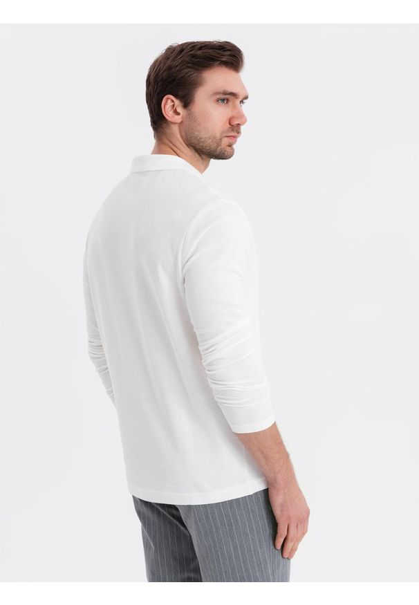 Ombre Clothing - Longsleeve męski BASIC z kołnierzykiem polo – biały V1 OM-POBL-0114 - XXL. Okazja: na co dzień, do pracy. Typ kołnierza: polo. Kolor: biały. Materiał: dzianina, bawełna. Długość rękawa: długi rękaw. Wzór: ze splotem. Styl: elegancki, casual