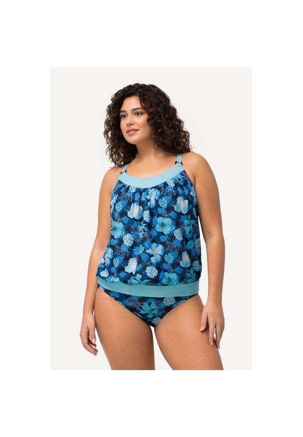 ULLA POPKEN - Damskie Tankini kwiaty miękkie miseczki ramiączka z regulacją z recyklingu. Kolekcja: plus size. Kolor: niebieski. Materiał: elastan, poliamid, materiał. Wzór: kwiaty