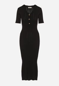 Born2be - Czarna Dzianinowa Sukienka z Wiskozą o Taliowanym Kroju z Guzikami Fenallea. Okazja: do pracy, na spotkanie biznesowe. Kolor: czarny. Materiał: wiskoza, dzianina. Styl: elegancki, biznesowy #5