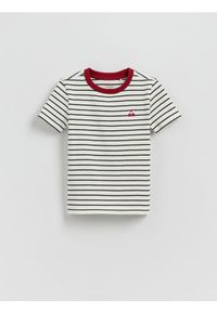 Reserved - Bawełniany t-shirt w paski - złamana biel. Materiał: bawełna. Wzór: paski #1